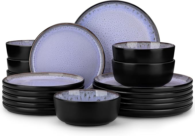 vancasso Plates and Bowls Sets, 18 Pieces Stoneware Dinnerware Sets for 6, Kitchen Dish Set Mircowave and Dishwasher Safe Dinner Set Ceramic Dishware, Light Purple, Series AMBER