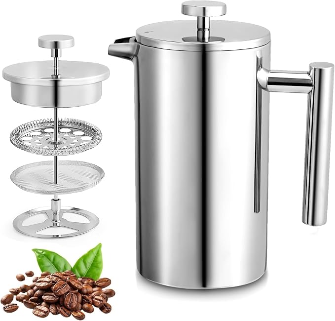 Miuly Small French Press Coffee Maker,12OZ/350ML Stainless Steel Insulated Coffee Press,Stainless Steel French Press with 2 Fliters 0.35 Liter (12oz, Sliver)