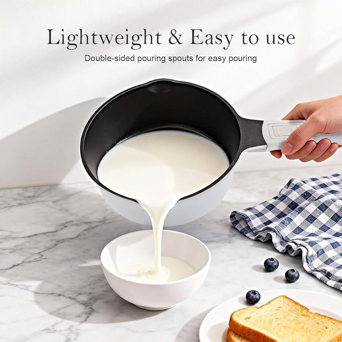 1.5 Quart Sauce Pan with Lid, Small Cooking Pot, White | Nonstick Saucepan with Pour Spout, Detachable Handle, Compatible with All Cooktops, Oven Safe, PFOA PFAS PTFE Free