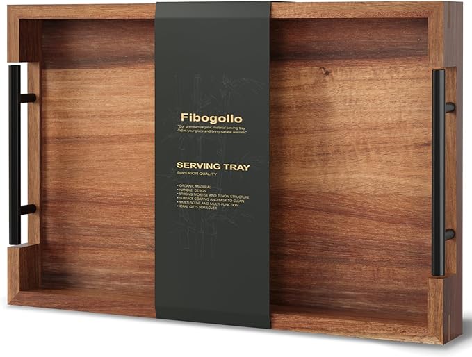 Fibogollo Acacia Wood Serving Tray with Metal Handles,15x10in Ottoman Decorative Trays Platter for Coffee Table,Living Room,Bar,Party(Medium)