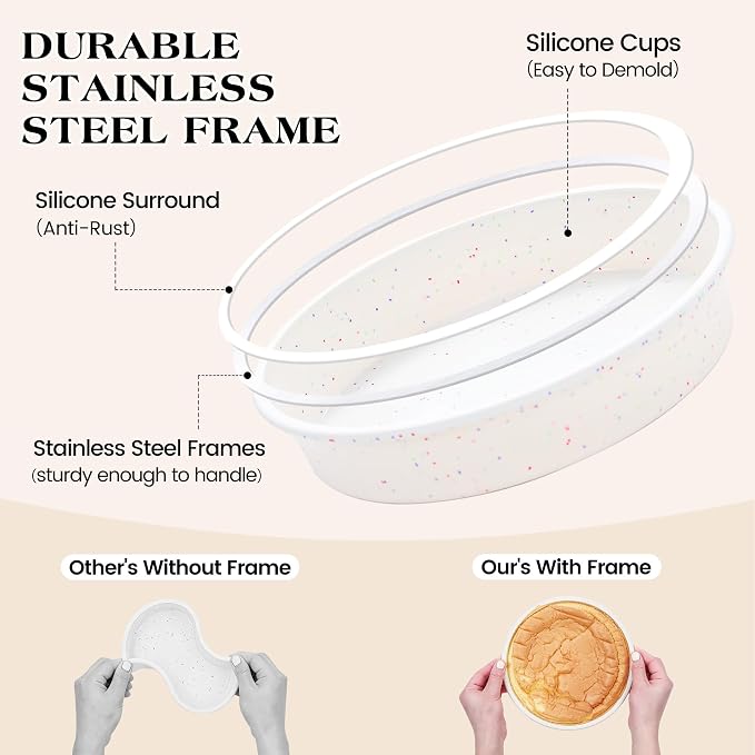 8 inch Silicone Round Cake Pans with Metal Reinforced Frame, Nonstick Cake Molds for Baking, BPA Free 1 Pc (Cream)