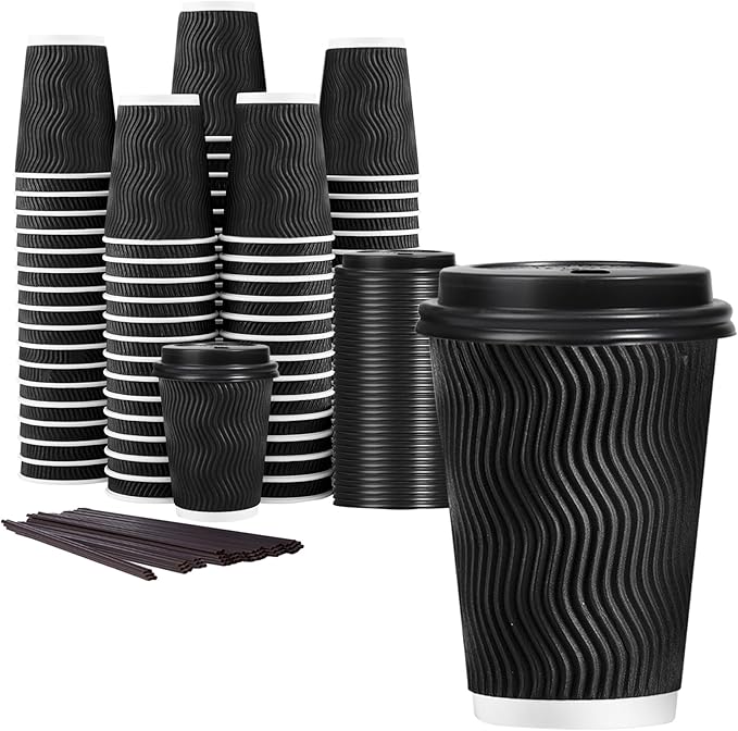 Lamosi 50 Pack 12 oz Disposable Coffee Cups with Lids and Straw, Black | Insulated Corrugated Ripple Wall Hot Cups with Lids for Hot Drink, Office, Coffee Bars, Meetings, and Short To-Go Use