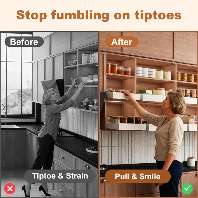 Fokyfok Pull out Cabinet Organizer,18"-25"W,10"-13"D,Expandable,Adhesive | No Drill,Upper Cabinet,Adjustable Slide out Drawers for Pantry,Roll out Shelves Short,Framless Cabinets,Kitchen,White,1PC