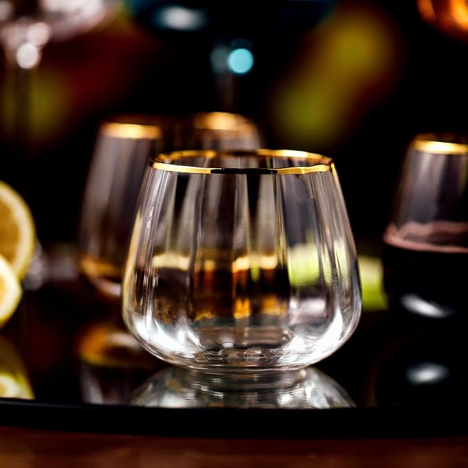 Lysenn Stemless Wine Glasses Set of 4, Red and White Wine, Gold Rim, 11.8oz | Hand Blown, Premium Quality, for Dinner Table, Celebration, Holiday Entertaining, Bar Carts and Home Bars, Ideal Wedding Gift