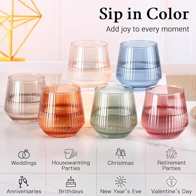 Colored Stemless Wine Glasses Set of 6, 12.5 Oz Ribbed Wine Glass,Coloful Drinking Glasses for Water, Cocktails, Champagne ,Ideal Gifts for Weddings, Bars, Christmas, Halloween,Party, Daily Use