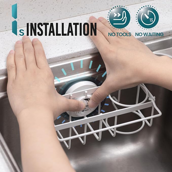 TAILI 4-in-1 Sponge Holder for Kitchen Sink with Strong Suction Cup-White | Removable Rustproof 304 Stainless Steel Multi-compartment Sponge Holder with Suction Cup, Keeps Brushes & Scrubbers Tidy
