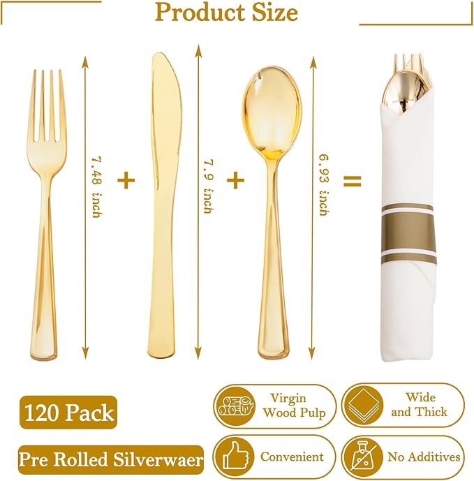 120 Pack Gold Plastic Silverware Wrapped Cutlery Set with Napkin | Heavy Duty Pre Rolled Disposable Gold Utensils Wrapped Flatware Cutlery Set for Wedding, Party & Catering