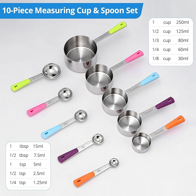 Bopei Measuring Cups and Spoons Set Stainless Steel 10 Piece for Cooking and Baking (5 Cups + 5 Spoons, Colorful Handles)