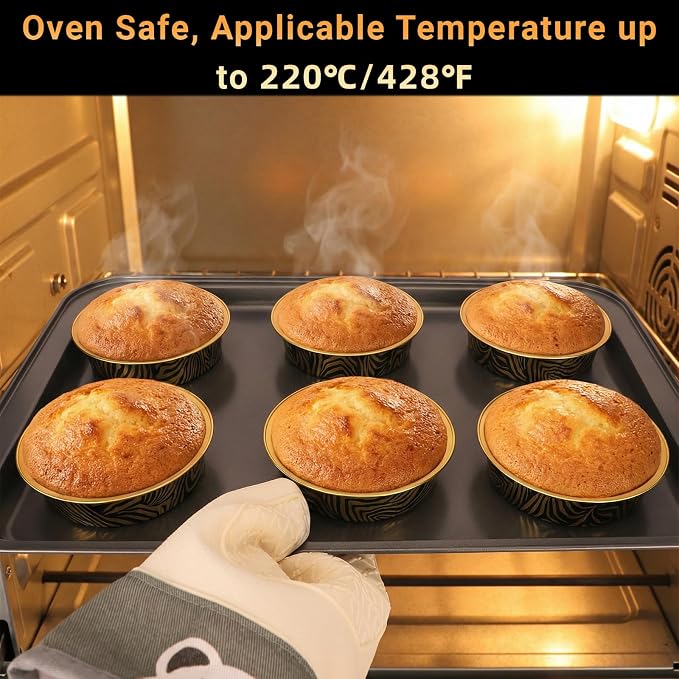 Beasea 4 Inch Pie Tins with Lids, 50 Pack 7.3 Oz Disposable Mini Tart Tins, Aluminum Foil Baking Tins Small Round Muffin Container Mini Cheesecake Cups for Pie Tart Quiche - Tiger Stripes