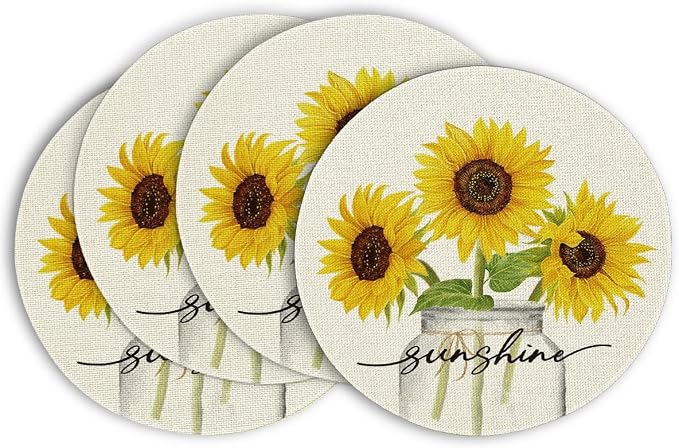 Artoid Mode Buffalo Plaid Sunflower Sunshine Vase Round Summer Placemats Set of 4, 14 Inch Spring Fall Table Mats for Dining Decoration