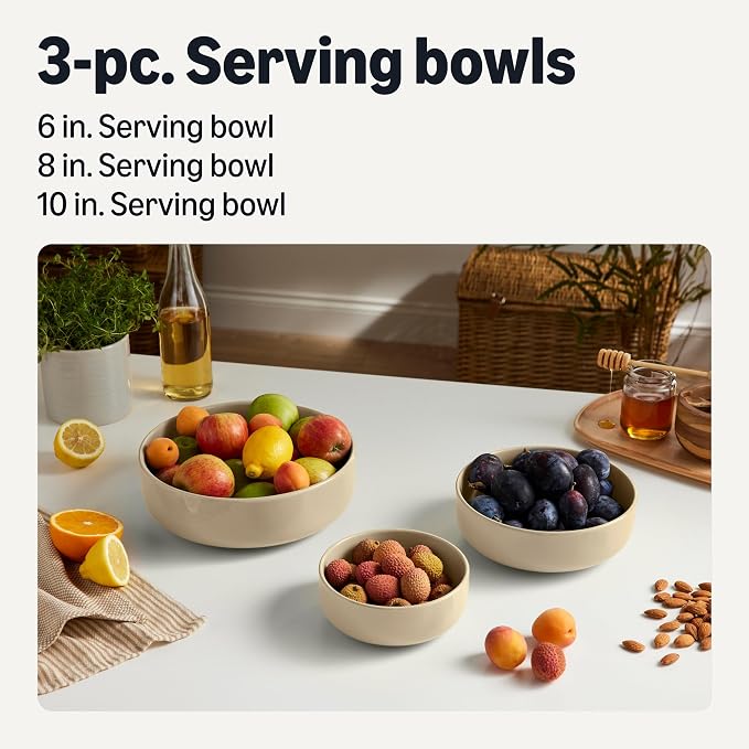 Amazon Basics Glazed Stoneware Serving Bowls, 3-Piece Set, Dishwasher-Safe, Microwave and Freezer-Safe, Nest for Space-Saving, Linen Gray
