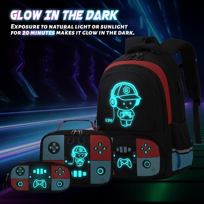 Backpack for School Boys, Cool Luminous Gamer Boys Schoolbag | with Lunch Box & Pencil Case Set for Kids Teens Elementary Middle School, Bookbag Glow In The Dark