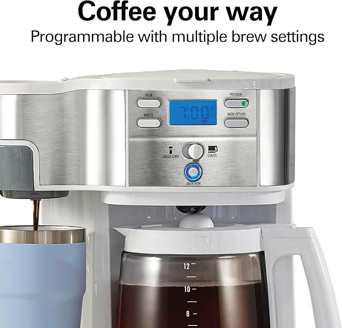 Hamilton Beach 2-Way Programmable Coffee Maker & Single Serve Coffee Maker | 12 Cup Glass Carafe | White with Stainless Steel Accents | 49933