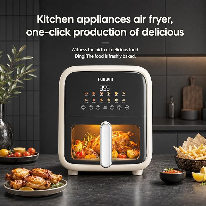 Fullwill Air Fryer with Visible Window, 7.5QT,12-in-1 Multi-Function Air Fry,Roast,Bake, Dehydrate, Fries,Nonstick and Dishwasher-Safe Basket,Family&friends Party,1700W,White
