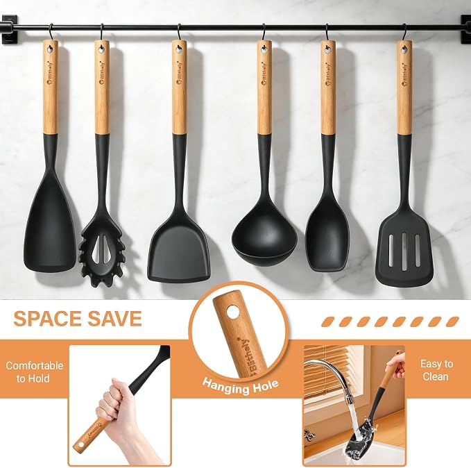 Large Silicone Cooking Utensils Set, 10Pcs Nonstick Kitchen Utensil Set with Wooden Handle, Heat Resistant Silicone Utensils for Cooking, BPA Free Spatula Set with Turners Spoon Ladle Skimmer(Black)