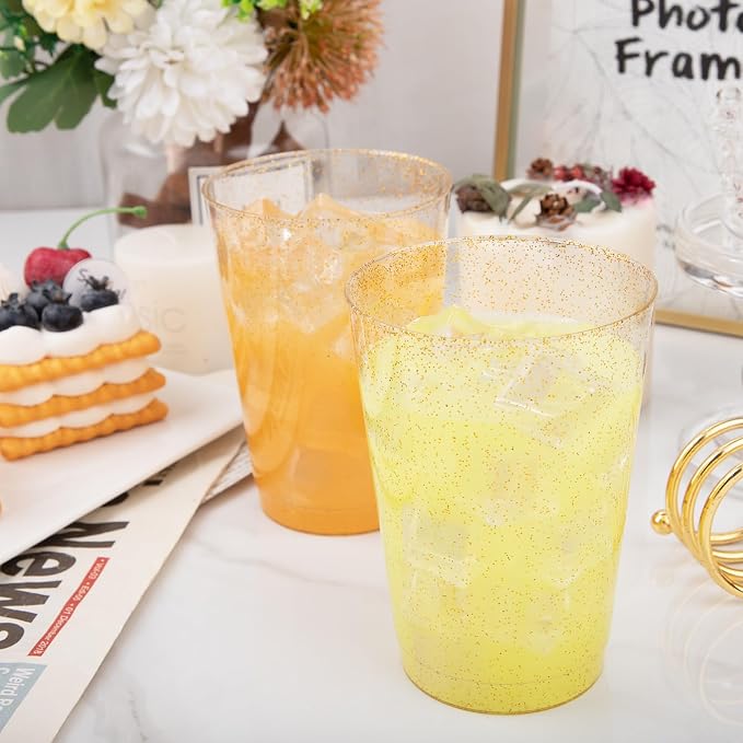 IOOOOO 100 Pack 12 oz Gold Glitter Cups, Clear Disposable Cups, Gold Plastic Wine Glasses Cocktail Glasses Heavy Duty Cups, 12 Ounce Glitter Plastic Tumblers for Party