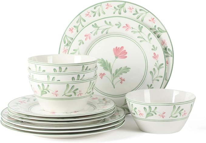Martha Stewart Maiden Crown Plates and Bowls Sets, 12-Piece New Bone China Dinnerware Sets, Botanical Floral Design Dish Set, Microwave & Dishwasher Safe