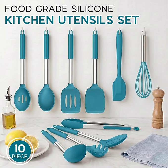 Onader 10 Pieces Silicone Kitchen Utensils Set, Cooking Utensils with Holder and Heat Resistant Stainless Steel Handle for Nonstick Cookware -Blue