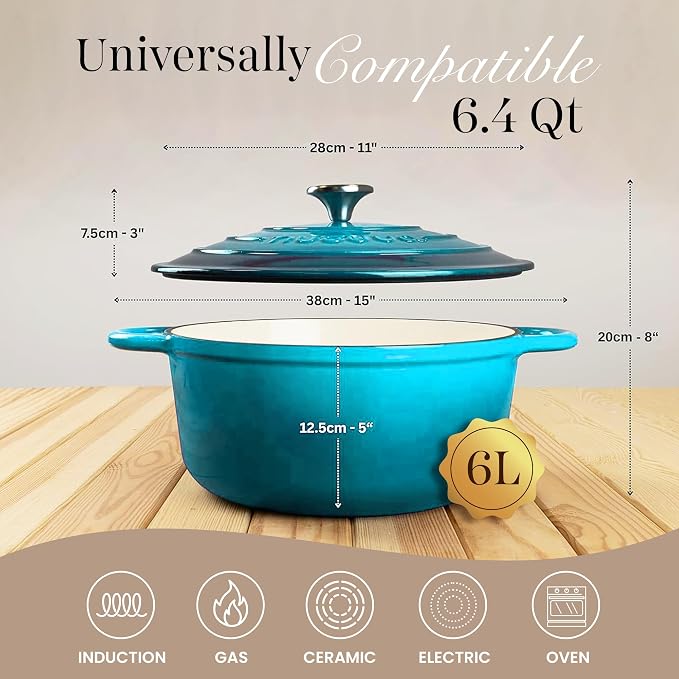 Nuovva Enamelled Cast Iron Dutch Oven Pot with Lid 6.4 Quart Non Stick Casserole Pot-Heavy Duty & Oven Safe up to 500° F for Bread Baking, Braising, Stews, Roasting - 28cm Light Blue