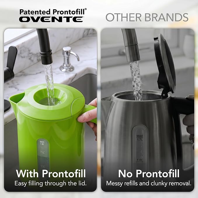 OVENTE 1.8L Electric Kettle with 1500W Fast Boiling Heater, Green KP413G | Best For Coffee or Tea, BPA-Free, Easy-Fill Lid, Water Level Window, Auto Shut-Off & Boil-Dry Protection, Removable Filter