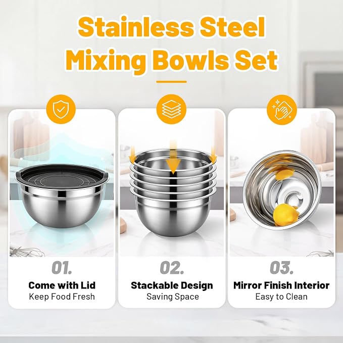 Beasea Stainless Steel Mixing Bowls, 5 Pack 1.5 QT Stackable Nesting Mixing Bowls with Lids, Metal Bowl with Lid for Baking, Meal Prepping, Salad, Serving, Food Storing