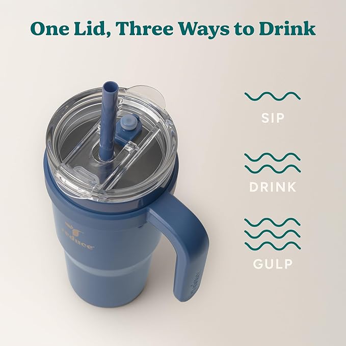 REDUCE 24oz Stainless Steel Tumbler w/Handle - Dishwasher Safe Travel Mug | Dual-wall vacuum insulated, sweat-proof lid, reusable straw, keeps drinks cold for 24 hrs, fits cupholders, Mineral Blue