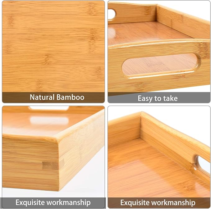 3 Pack Bamboo Serving Trays with Handles, Wooden Food Trays (Beige) | Bamboo Food Trays, Perfect For Breakfast In Bed, Sofa Dining, Serving Drinks, Snacks, And Everyday Organization