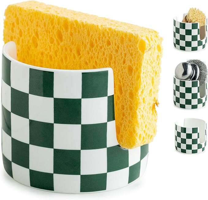 Zoeeker Sponge Holder for Sink, Ceramic Dish Sponge Holder Brush Holder | Scrubby Caddy Dish Brush Drying Rack Cute Kitchen Gadgets Farmhouse Kitchen Storage Accessories for Bathroom, Green and White
