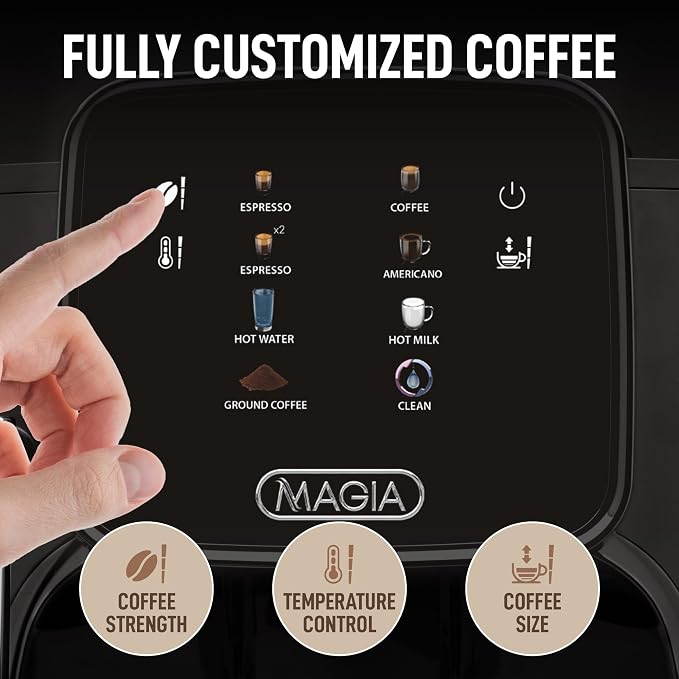 Zulay Kitchen Magia Clasica Automatic Espresso Machine with Built-In Grinder, Touch Panel Coffee Maker, Steam Wand Milk Frother, Adjustable Strength, Self-Cleaning, Black (13" x 17.7" x 9.4")