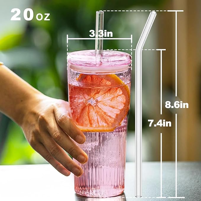 JunVpic Glass Coffee Tumbler, 20 oz Glass Cup with Lid and Straw | Pink glass design, Hammered Texture, reusable straw and lid for iced coffee, tea, smoothies and hot & cold drink