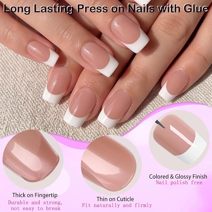 240pc White French Tip Press on Nails Short Square Acrylic Nail, Coffee Press ons Fake Nails with Glue & Tabs, 12 Sizes Glue on Nails Short Press-on Nail Square Artificial Stick on Nail for Women