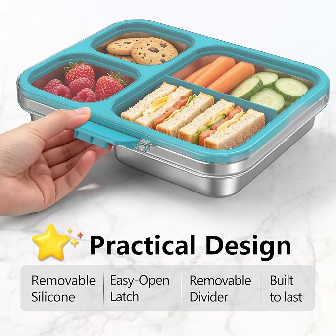 HOMEKOL Stainless Steel Bento Lunch Box 3-Compartment, 4.2Cups, Blue | Leak-Proof Metal Lunch Container for Kids & Adults, BPA-Free, Dishwasher Safe, Clear Tritan Lid, 1000ml (Not Insulated)