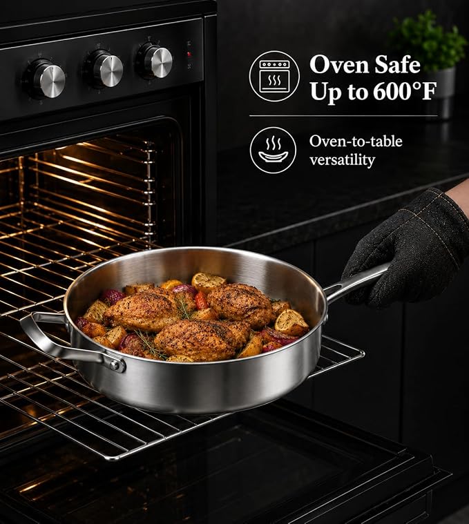 Toutrop Saute Pan,Frynig Pan with Lid,Stainless Steel Cookware,Skillet,Dishwasher and Oven Safe, Works on All Cooktops,Stainless Steel,3QT