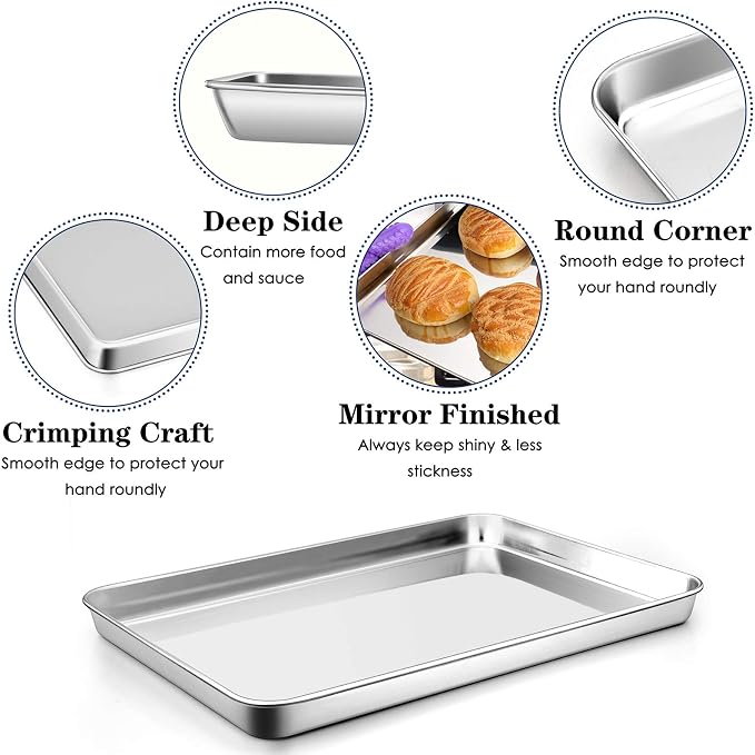 P&P CHEF Baking Sheet Pan, Stainless Steel Cookie Sheet, 12.5 Inch & 4 Pcs | Oven Tray Sheet Pan for Baking & Serving, Baking Tray for Multi Uses, Heavy Duty & Non-toxic, Rust Free & Dishwasher Safe