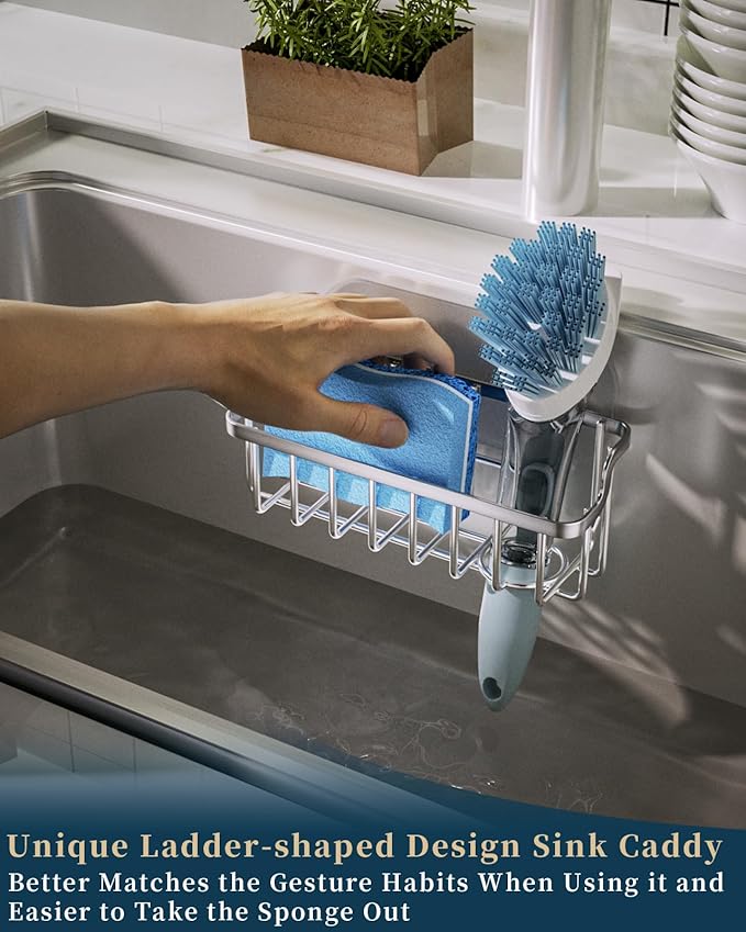Consumest Sponge Holder Sink Caddy - Ladder Shaped Sponge Holder for Kitchen Sink with 2 Installation Ways (Suction Cups & Adhesive Hook), Rustproof Stainless Steel Kitchen Organizer, Silver