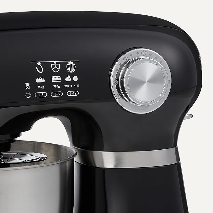 Amazon Basics Tilt-Head Stand Mixer with 5.3Qt Bowl, Dough Hook, Beater and Whisk, 12 Speeds, 350W, Black