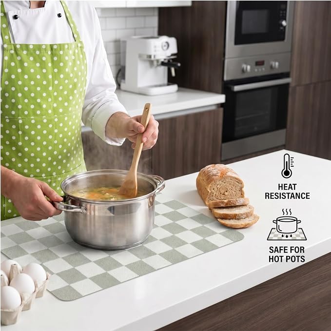 Set of 6 Checkerboard Non-Slip Washable Placemats for Dining Table | Waterproof & Heat-Resistant Faux Leather Mats | Easy Wipe Clean Tablemats for Indoor Dining, 17’’×12’’, Sage Green