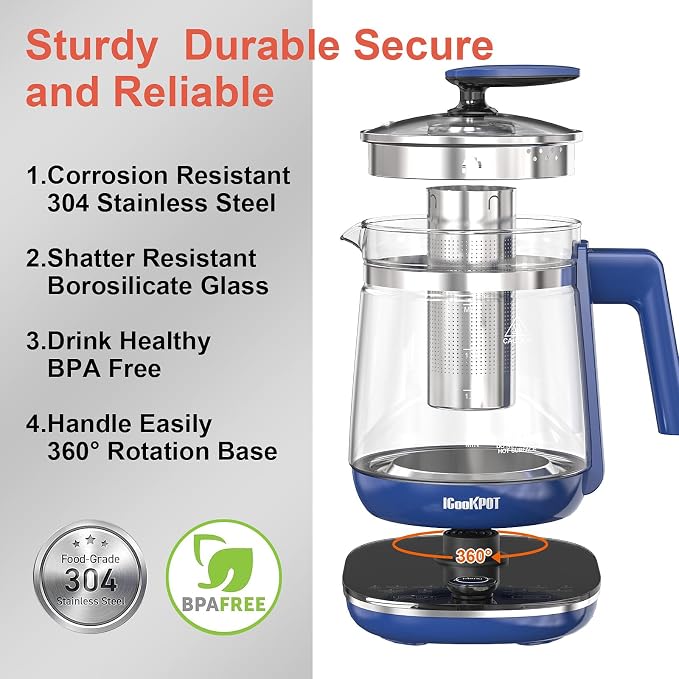 1200w Electric Kettle, 1.5L Borosilicate Glass tea kettle, Hot water kettle electric for Coffee or Tea, BPA Free, Auto Shut-Off, Stainless Steel, Fast Boil, Blue