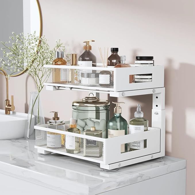 Under Sink Organizer, 2-Tier Dual Pull Out Cabinet Organizer Drawers With Smooth Circular Rail, Large Capacity Metal Mesh Sliding Shelves For Bathroom& Kitchen Storage,Height Adjustable–White,1 Pack