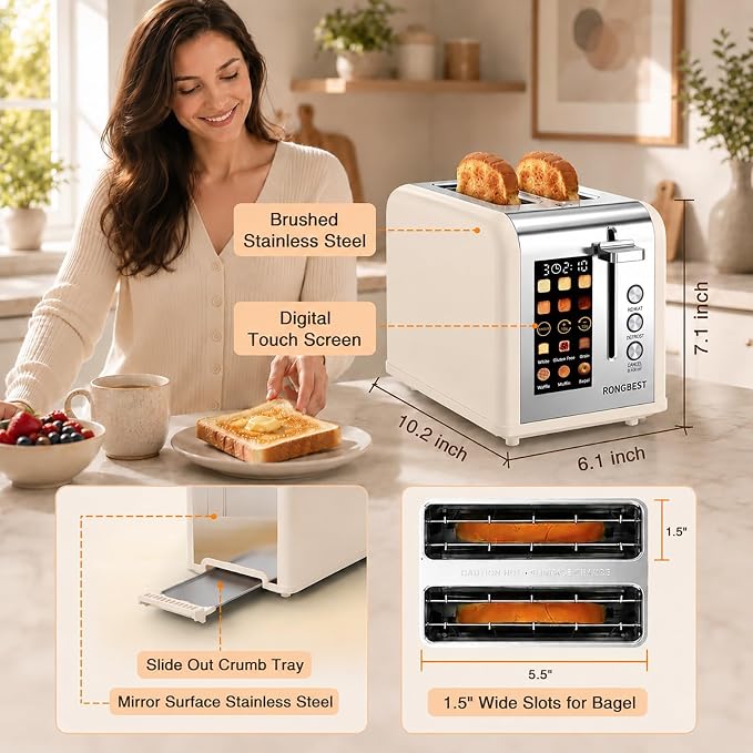 2 Slice Touch Screen Toaster Stainless Steel Wide Slot with Single-slice Mode, Digital Touchscreen, Reheat & Defrost, Toasted Bagel & Bread for Family Breakfast, Removable Crumb Tray, Cream Color