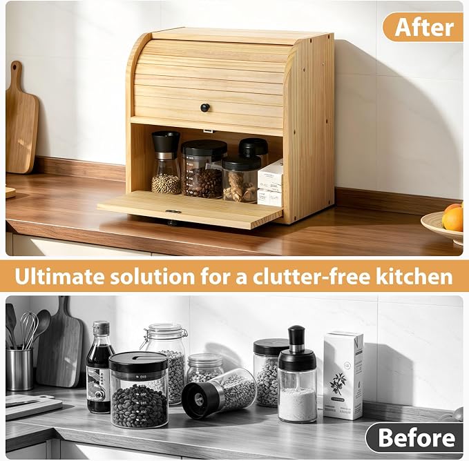 Sunhoo Wooden Bread Box for Kitchen Countertop, Roll Top Breadbox, Natural | Large Double Layer Pantry Container, Solid Wood with Cutting Board, Fresh Homemade Sourdough Bin Cabinet, Vintage Farmhouse