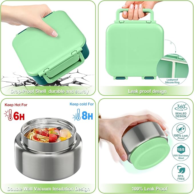 Kids Bento Lunch Box with 9oz Soup Thermo Leakproof Lunch Food Containers 4 Compartment with Insulated Hot Food Jar for Kid Toddler Girls Boys to School, Trvael