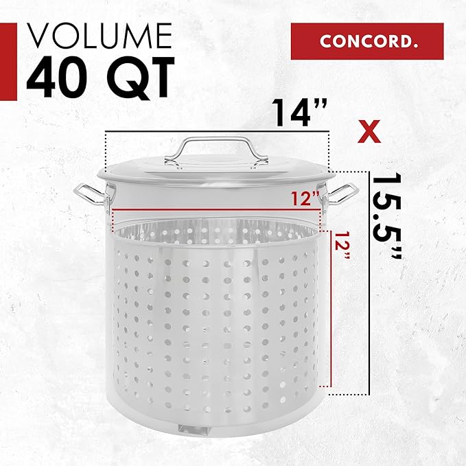 CONCORD Stainless Steel Stock Pot w/Steamer Basket. Cookware great for boiling and steaming (40 Quart)