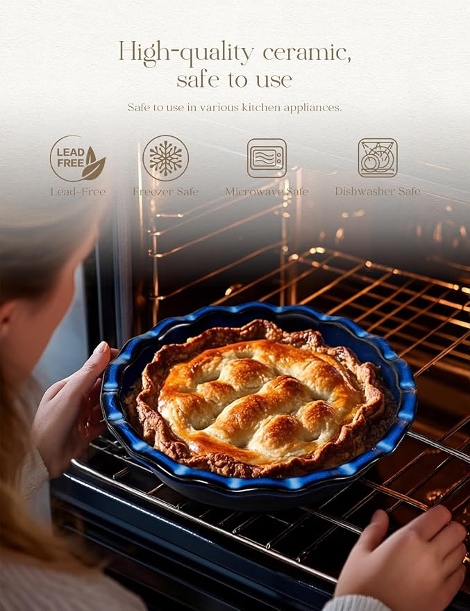 Pie Pan for Baking 9 Inch Ceramic Pie Dish for Apple Pie, Quiche, 48oz Blue | Non-Stick Dishwasher & Oven Safe, Great for Kitchen Decor