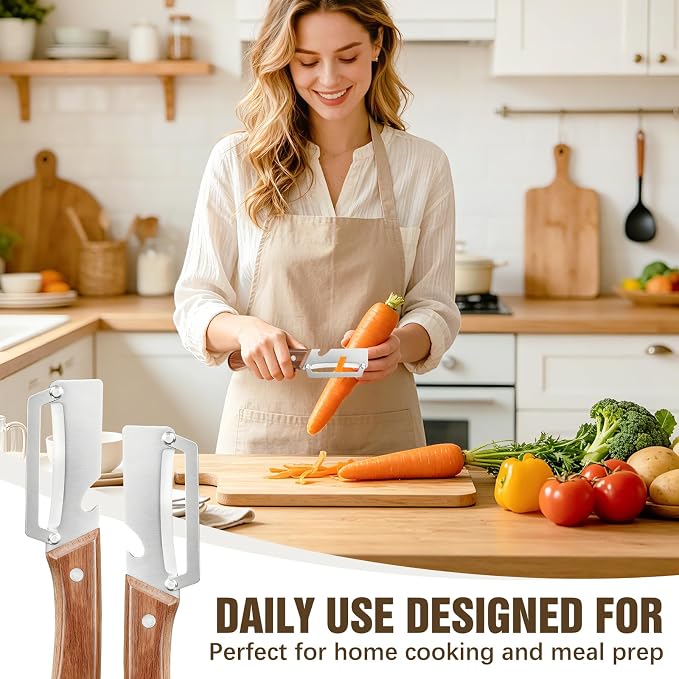 2-Pack Vegetable Peeler with Bottle Opener, Heavy-Duty Thick Stainless Steel Blade, Durable Kitchen Peeler with Wooden Handle for Potatoes, Carrots & Fruits