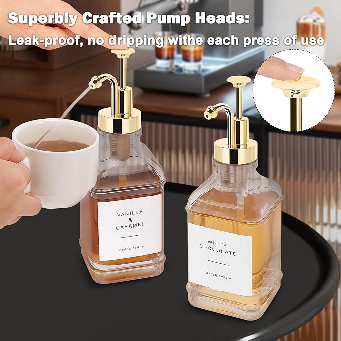 Coffee Syrup Dispenser for Coffee Bar, Clear Glass Syrup Bottles with Pump, Refillable Maple Syrup Storage, Coffee Station Accessories and Organizer, 500ml, Set of 2 (Gold)