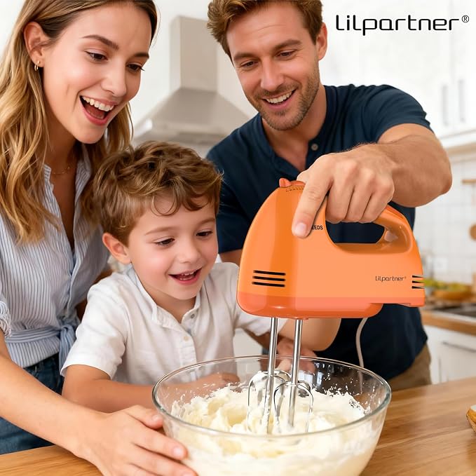 LILPARTNER Hand Mixer Electric, Ultra Power Kitchen Hand Mixer With 7-Speed & 5 Stainless Steel Accessories for Whipping Dough, Cream, Cake, Dishwasher Safe, Light Orange