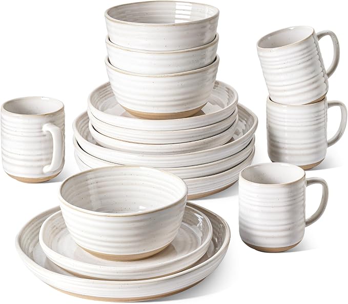 LE TAUCI Ceramic Dinnerware Sets for 4, 16 Piece Kitchen Dish Set with Mugs, Plates and Bowls Sets, Chip Resistant, Microwave & Dishwasher Safe, Arctic White (8"&10" Plate, 28oz Bowl, 12oz Mug)
