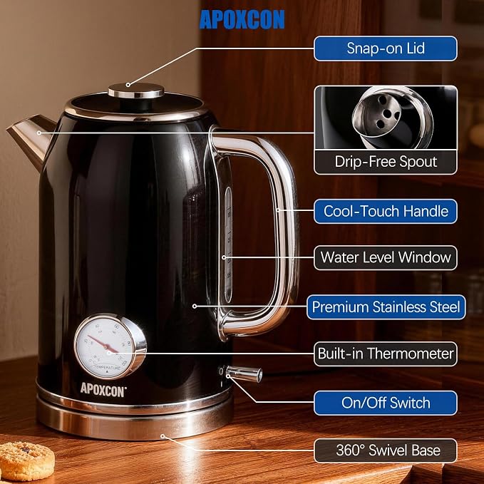 APOXCON Retro Electric Kettle with Thermometer, 1.8L Stainless Steel, Black, Cordless, 1000W Fast Boiling, Automatic Shut Off