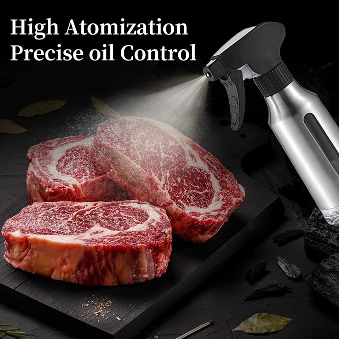 Oil Sprayer for Cooking,Stainless Steel Olive Oil Mister for Air Fryer Black Nozzel Dispenser Bottles Fat Reduction Glass Oil Control Spray Pot 6.35oz(180ml) Capacity